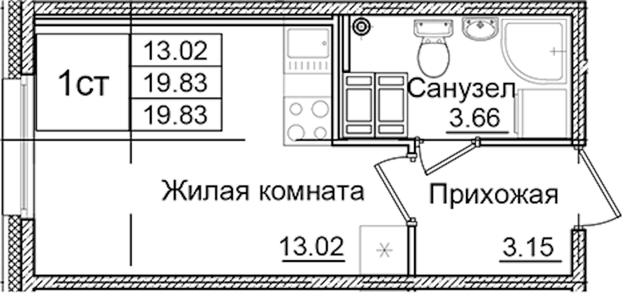 Квартира студия 19.83 м², 7/9 эт., ЖК «Квартал Заречье»